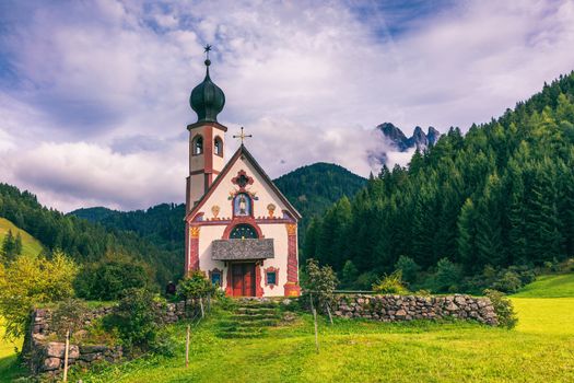 Famous best alpine place of the world, Santa Maddalena (St Magdalena) village with magical Dolomites mountains in background, Val di Funes valley, Trentino Alto Adige region, Italy, Europe