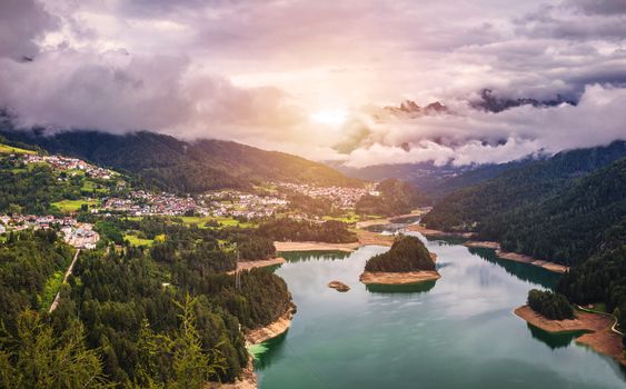 Panoramic view of lake of Centro Cadore in the Alps in Italy, Dolomites, near Belluno.