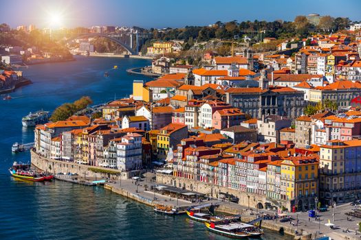 Panoramic view of Old city of Porto (Oporto) and Ribeira over Douro river, Portugal. Concept of world travel, sightseeing and tourism.