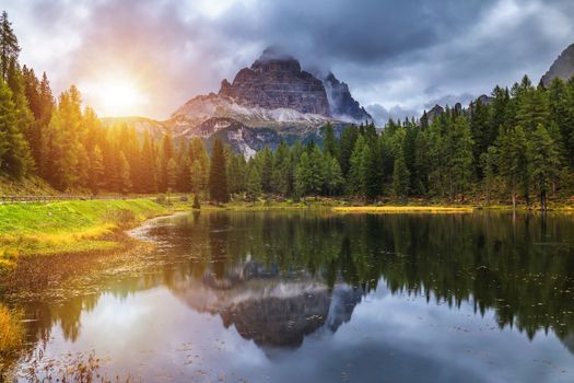Antorno lake with famous Tre Cime di Lavaredo (Drei Zinnen) mount. Dolomite Alps, Province of Belluno, Italy, Europe. Beauty of nature concept background.