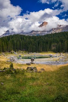 Carezza lake (Lago di Carezza, Karersee) with Mount Latemar, Bolzano province, South tyrol, Italy.
