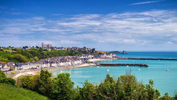 Panoramic view of Cancale, located on the coast of the Atlantic Ocean on the Baie du Mont Saint Michel, in the Brittany region of Western France