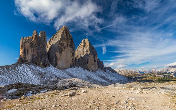 Tre Cime di Laveredo, three spectacular mountain peaks in Tre Cime di Lavaredo National Park, Sesto Dolomites, South Tyrol, Italy