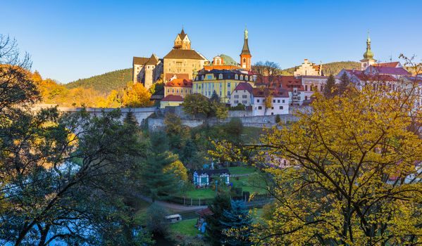 Colorful town Loket in autumn over Eger river in the Sokolov District in the Karlovy Vary region of the Czech Republic
