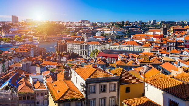 Panoramic view of Old city of Porto (Oporto) and Ribeira over Douro river, Portugal. Concept of world travel, sightseeing and tourism.