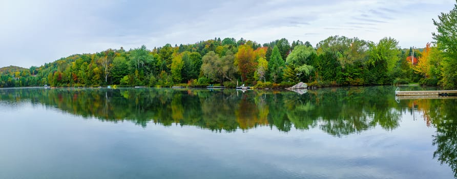 Panoramic view of the Lac Rond lake, in Sainte-Adele, Laurentian Mountains, Quebec, Canada