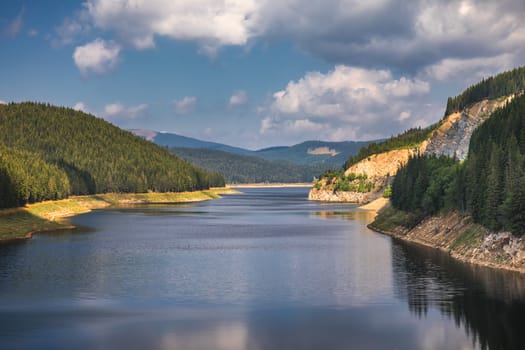 Landscape with lake Oasa in Romanian Carpathians, Transalpina.
