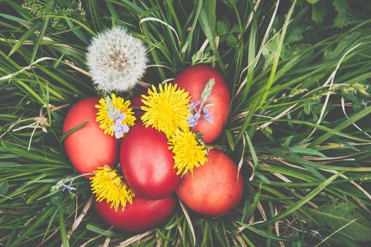 Colorful easter eggs in basket. Happy Easter, Christian religious holiday.