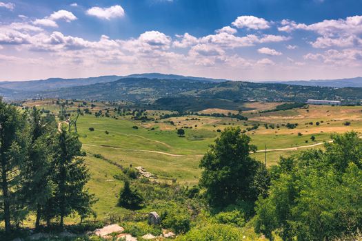 Summer alpine Transylvania landmark, landscape with green fields and valleys, high Piatra Craiului mountains, Carpathians, Transylvania, Romania, Europe