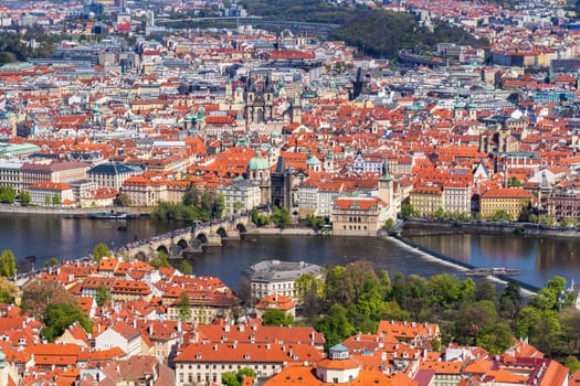 Skyline view panorama of Charles bridge (Karluv Most) with Old Town in Prague. Czech Republic