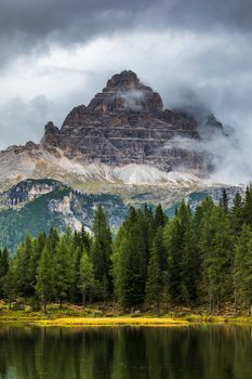 Antorno lake with famous Tre Cime di Lavaredo (Drei Zinnen) mount. Dolomite Alps, Province of Belluno, Italy, Europe. Beauty of nature concept background.