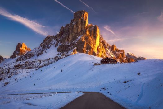 Fantastic winter landscape, Passo Giau with famous Ra Gusela, Nuvolau peaks in background, Dolomites, Italy, Europe