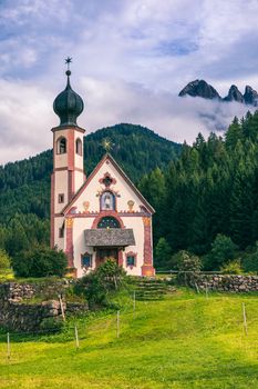 St Magdalena Village Church at the foot of the Dolomites, Church of St. John in Ranui, Alps, Italy