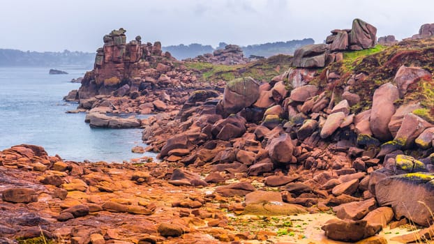 The pink granite coast view, granit rocks in Tregastel (Perros-Guirec), Brittany (Bretagne), France