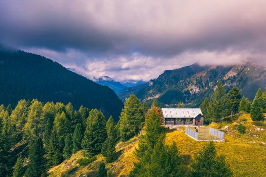 Majestic Dolomites mountain range, valley with south tyrol dolomites background. South Tyrol, Dolomites, Italy.