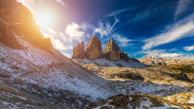 View of the National Park Tre Cime di Lavaredo, Dolomites, South Tyrol. Location Auronzo, Italy, Europe. Dramatic cloudy sky. Beauty world.