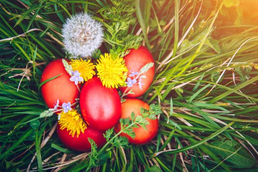 Colorful easter eggs in basket. Happy Easter, Christian religious holiday.