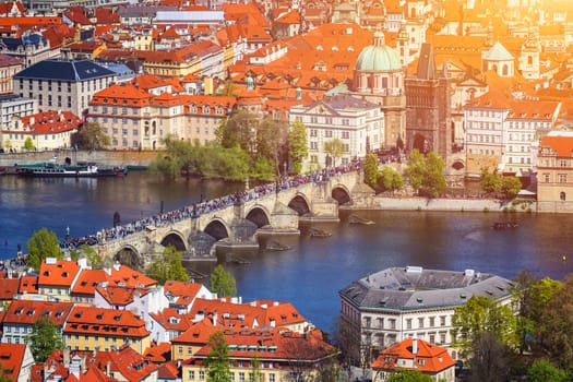 Panoramic view of Old town of Prague with tiled roofs. Prague, Czech Republic