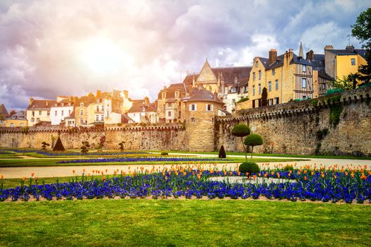 Walls of the ancient town and the gardens in Vannes. Brittany (Bretagne), Northern France.