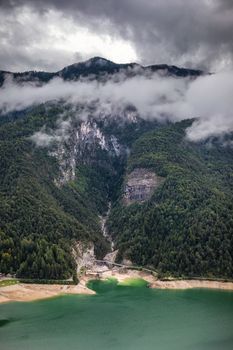 Panoramic view of lake of Centro Cadore in the Alps in Italy, Dolomites, near Belluno.