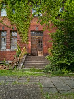 Facade of old brick building with concrete stairs, barred doors and windows and full of bushes and ivy