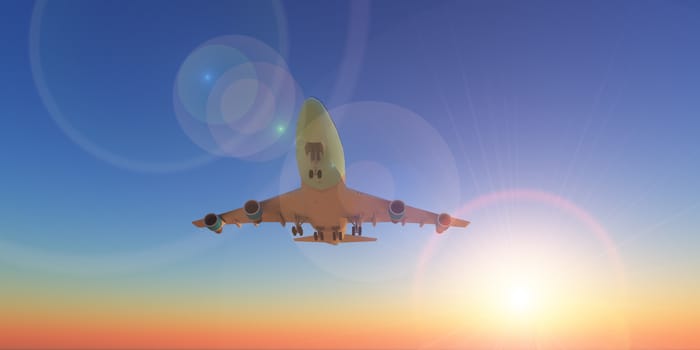 airplane fly in sunset sky, 3d rendering