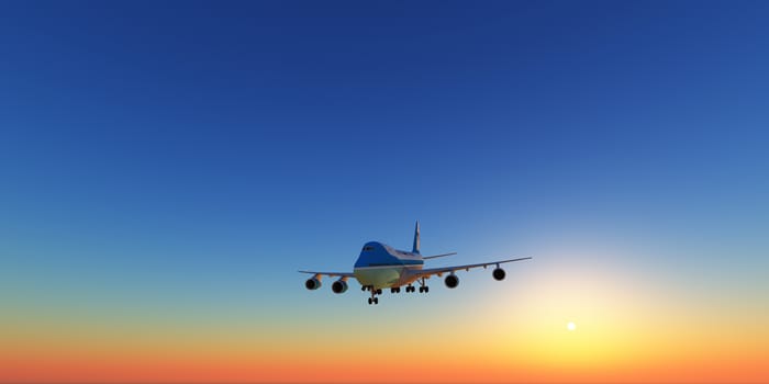 airplane fly in sunset sky, 3d rendering