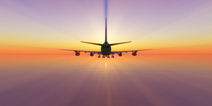 airplane fly in sunset sky, 3d rendering