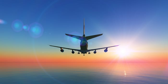 airplane fly in sunset sky, 3d rendering