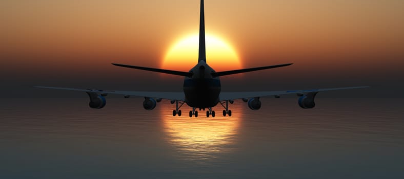 airplane fly in sunset sky, 3d rendering