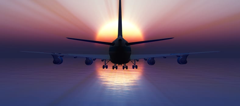 airplane fly in sunset sky, 3d rendering