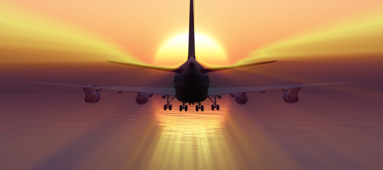 airplane fly in sunset sky, 3d rendering