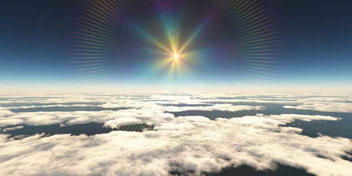 above clouds sun ray light, 3d rendering