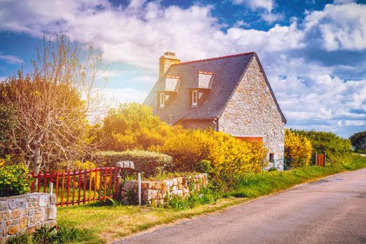 Street view of beautiful village of Rostudel former fishing village, Parc naturel regional d'Armorique. Finistere department, Camaret-sur-Mer. Brittany (Bretagne), France. 