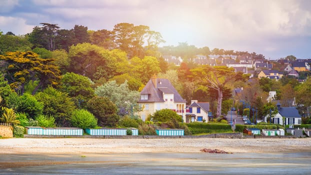 Beautiful village of Morgat with the sand beach and rocky coastline, Finistere, Brittany (Bretagne), France.