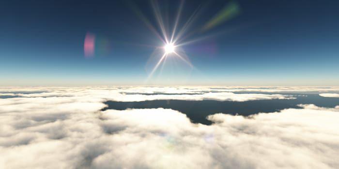 above clouds sun ray light, 3d rendering