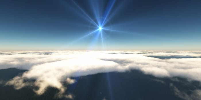 above clouds sun ray light, 3d rendering