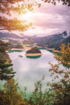 Panoramic view of lake of Centro Cadore in the Alps in Italy, Dolomites, near Belluno.
