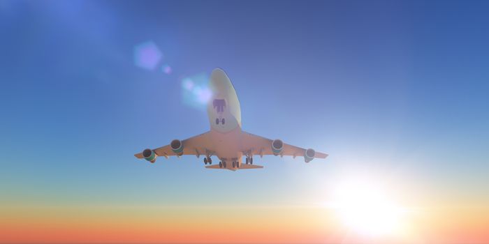 airplane in sunset gold sky, 3d rendering