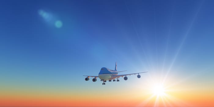 airplane in sunset gold sky, 3d rendering