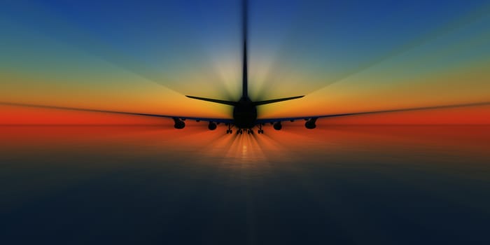 airplane in sunset gold sky, 3d rendering