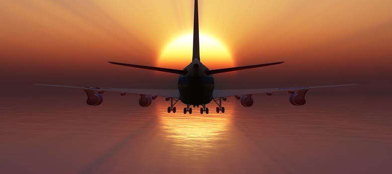 airplane in sunset gold sky, 3d rendering