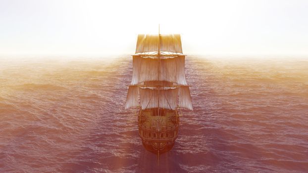 old ship in sea horizon, 3d render