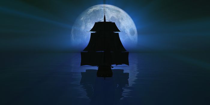 old ship at night full moon lunar