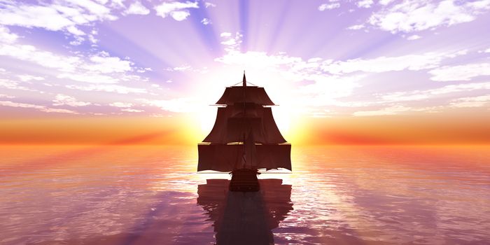 old ship sunset at sea, 3d render