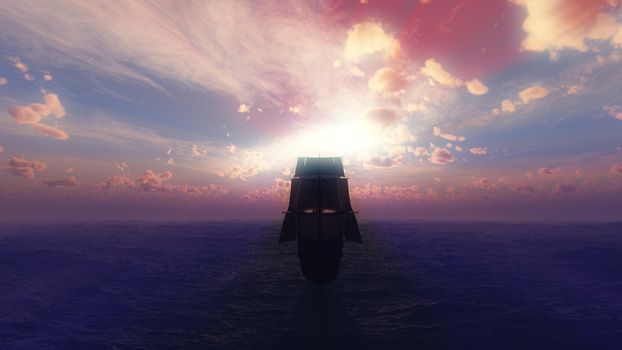 old ship sunset at sea, 3d render