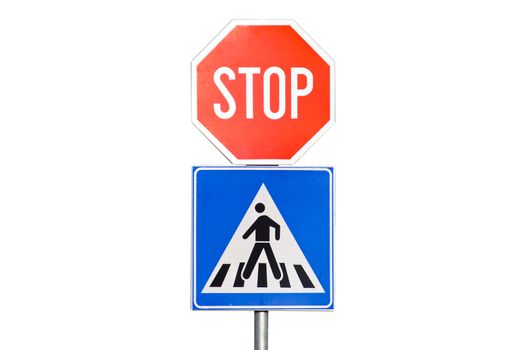 stop sign with pedestrian crossing isolated on white background