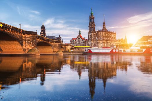 Dresden city skyline panorama at Elbe River and Augustus Bridge, Dresden, Saxony, Germany