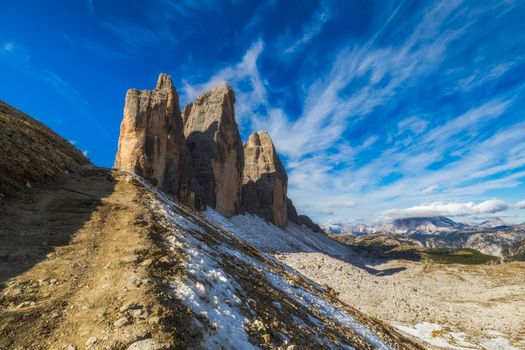 View of the National Park Tre Cime di Lavaredo, Dolomites, South Tyrol. Location Auronzo, Italy, Europe. Dramatic cloudy sky. Beauty world.