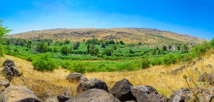 Panoramic view of the Jordan valley and the Jordan River, a little north of the Sea of Galilee. Northern Israel